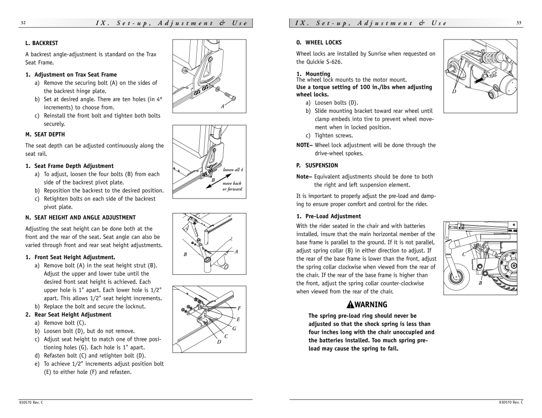 Sunrise Medical S-626 instruction manual Backrest, Seat Depth, Wheel Locks, Suspension, Seat Height and Angle Adjustment 