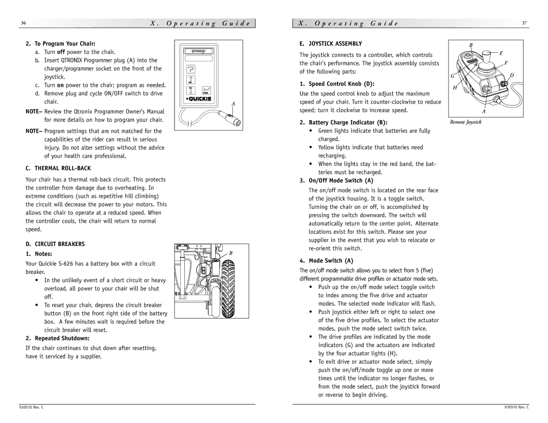 Sunrise Medical S-626 instruction manual Thermal ROLL-BACK, Joystick Assembly, Circuit Breakers 