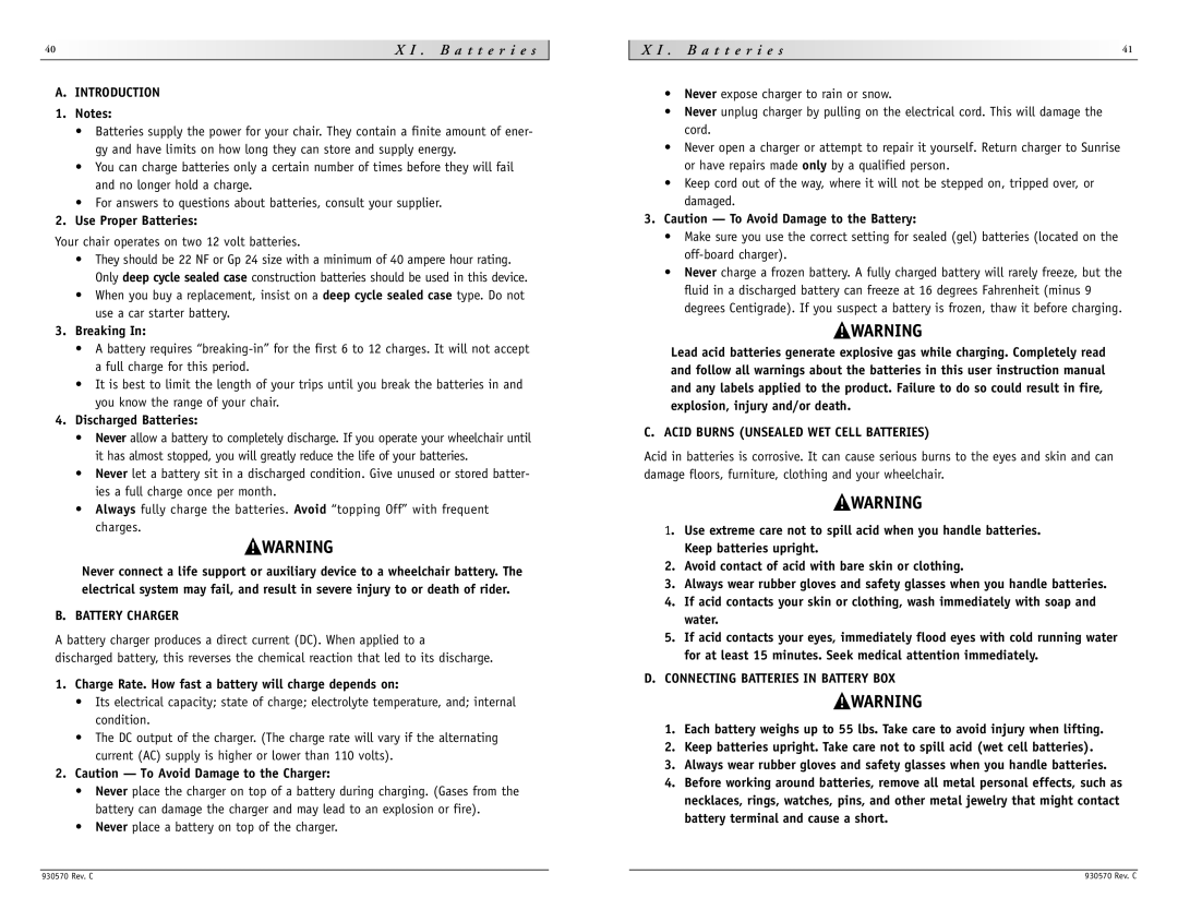 Sunrise Medical S-626 instruction manual I . B a t t e r i e s 