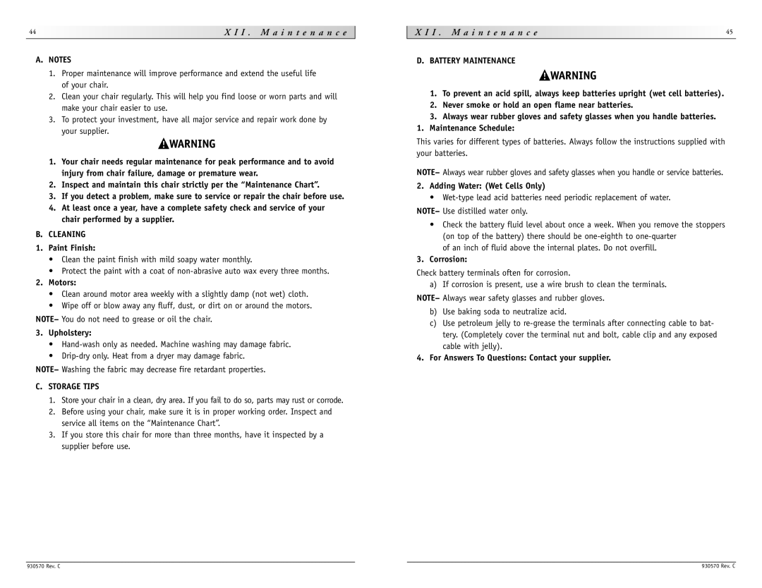 Sunrise Medical S-626 instruction manual I I . M a i n t e n a n c e, Cleaning, Storage Tips, Battery Maintenance 