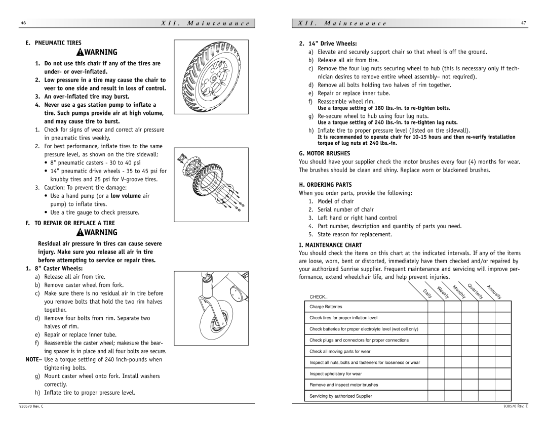 Sunrise Medical S-626 instruction manual To Repair or Replace a Tire, Motor Brushes, Ordering Parts, Maintenance Chart 