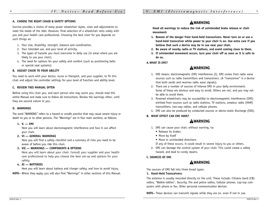 Sunrise Medical S-626 Choose the Right Chair & Safety Options, Adjust Chair to Your Ability, Review this Manual Often 