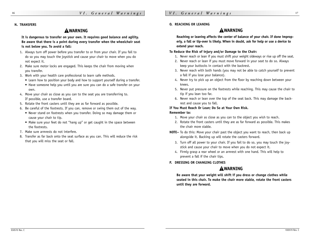 Sunrise Medical S-626 instruction manual Transfers, Reaching or Leaning, Dressing or Changing Clothes 