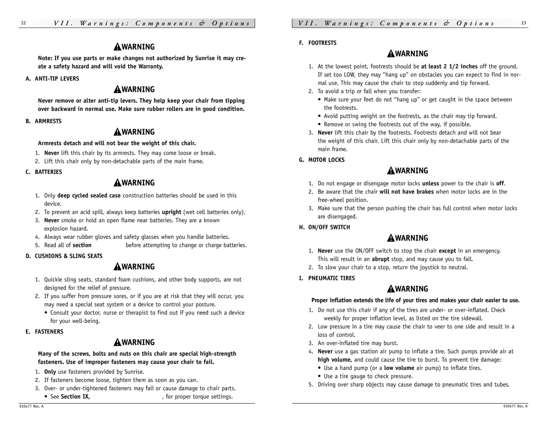 Sunrise Medical S-646 SE instruction manual I . W a r n i n g s C o m p o n e n t s & O p t i o n s 