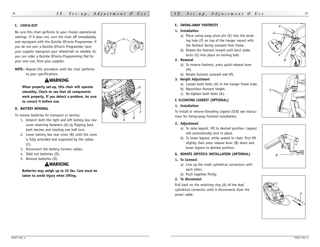 Sunrise Medical S-646 SE instruction manual Check-Out, Battery Removal, SWING-AWAY Footrests, Elevating Legrest Optional 