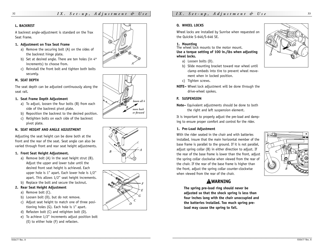 Sunrise Medical S-646 SE instruction manual Backrest, Seat Depth, Wheel Locks, Suspension, Seat Height and Angle Adjustment 