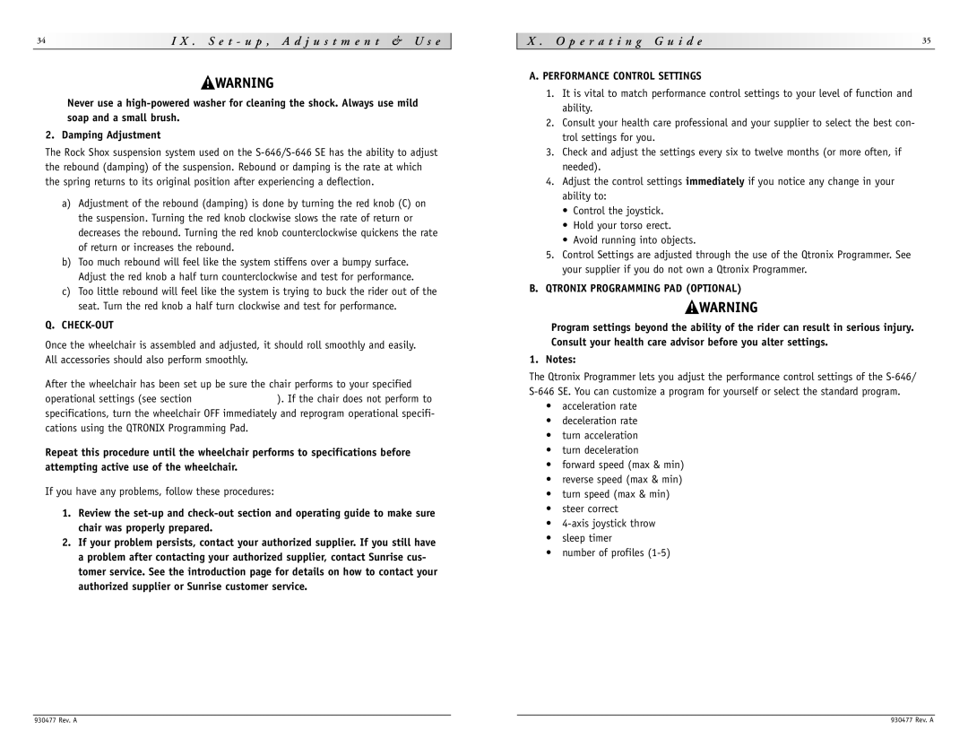 Sunrise Medical S-646 SE instruction manual P e r a t i n g G u i d e, If you have any problems, follow these procedures 