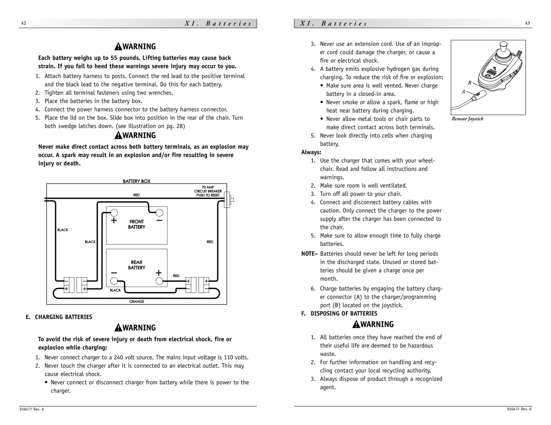 Sunrise Medical S-646 SE instruction manual Charging Batteries, Always, Disposing of Batteries 