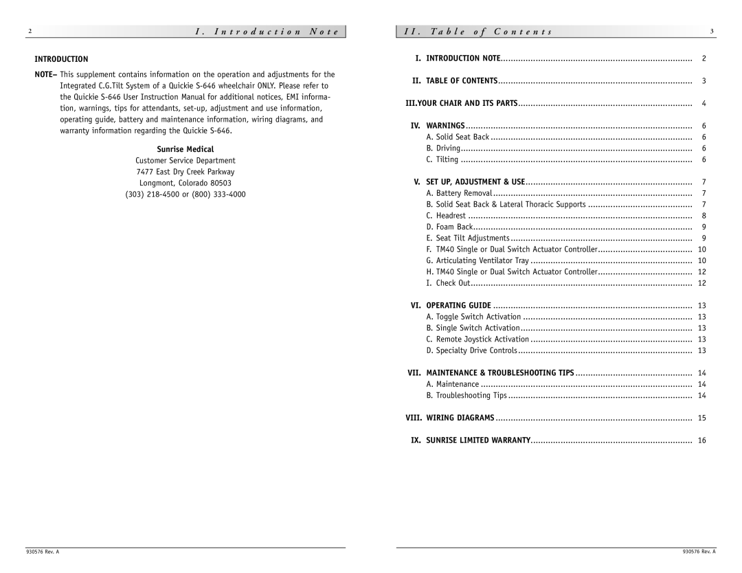 Sunrise Medical S-646 instruction manual T a b l e o f C o n t e n t s, Introduction, Sunrise Medical 