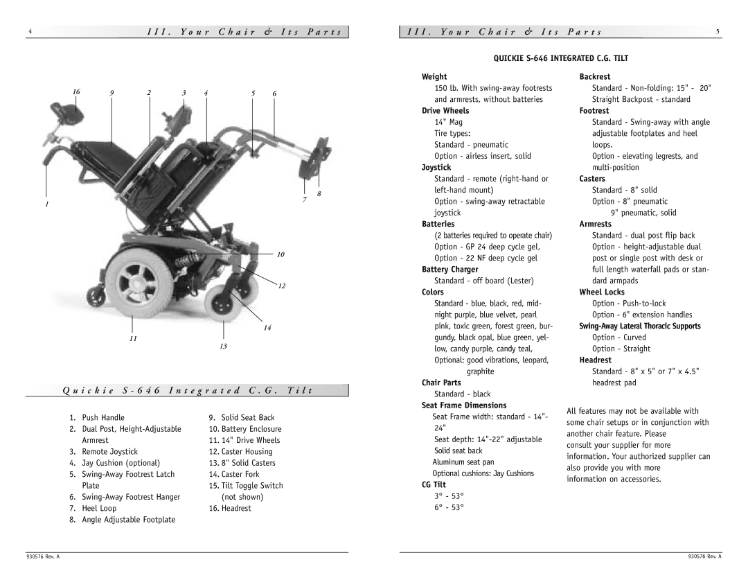 Sunrise Medical S-646 instruction manual I c k i e S 6 4 6 I n t e g r a t e d C . G . T i l t 