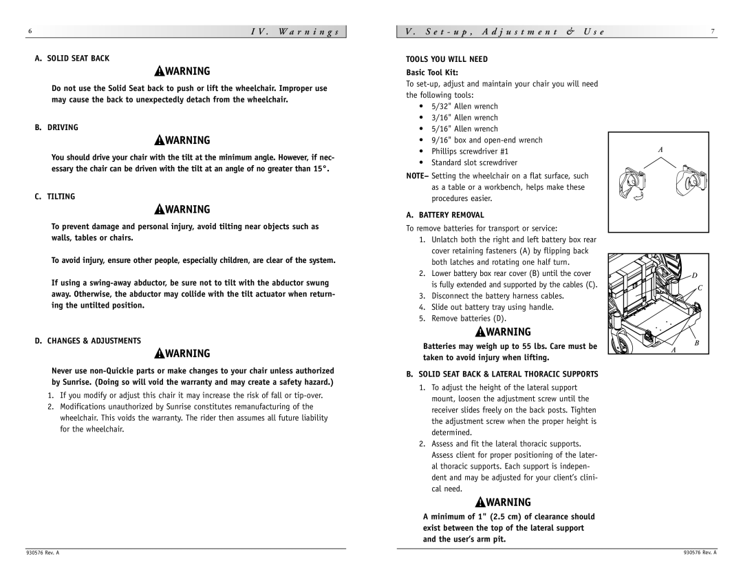 Sunrise Medical S-646 instruction manual Driving, Tilting, Changes & Adjustments, Tools YOU will Need, Battery Removal 