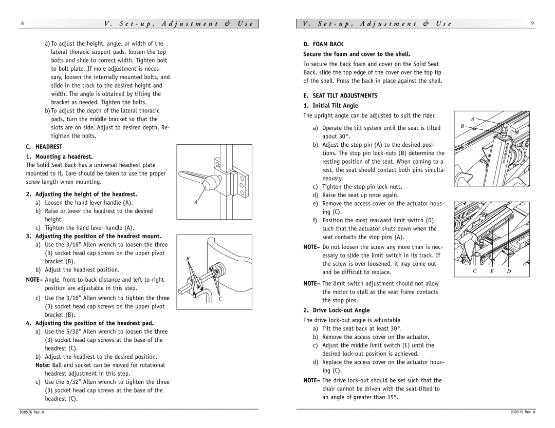 Sunrise Medical S-646 instruction manual Headrest, Foam Back, Seat Tilt Adjustments 