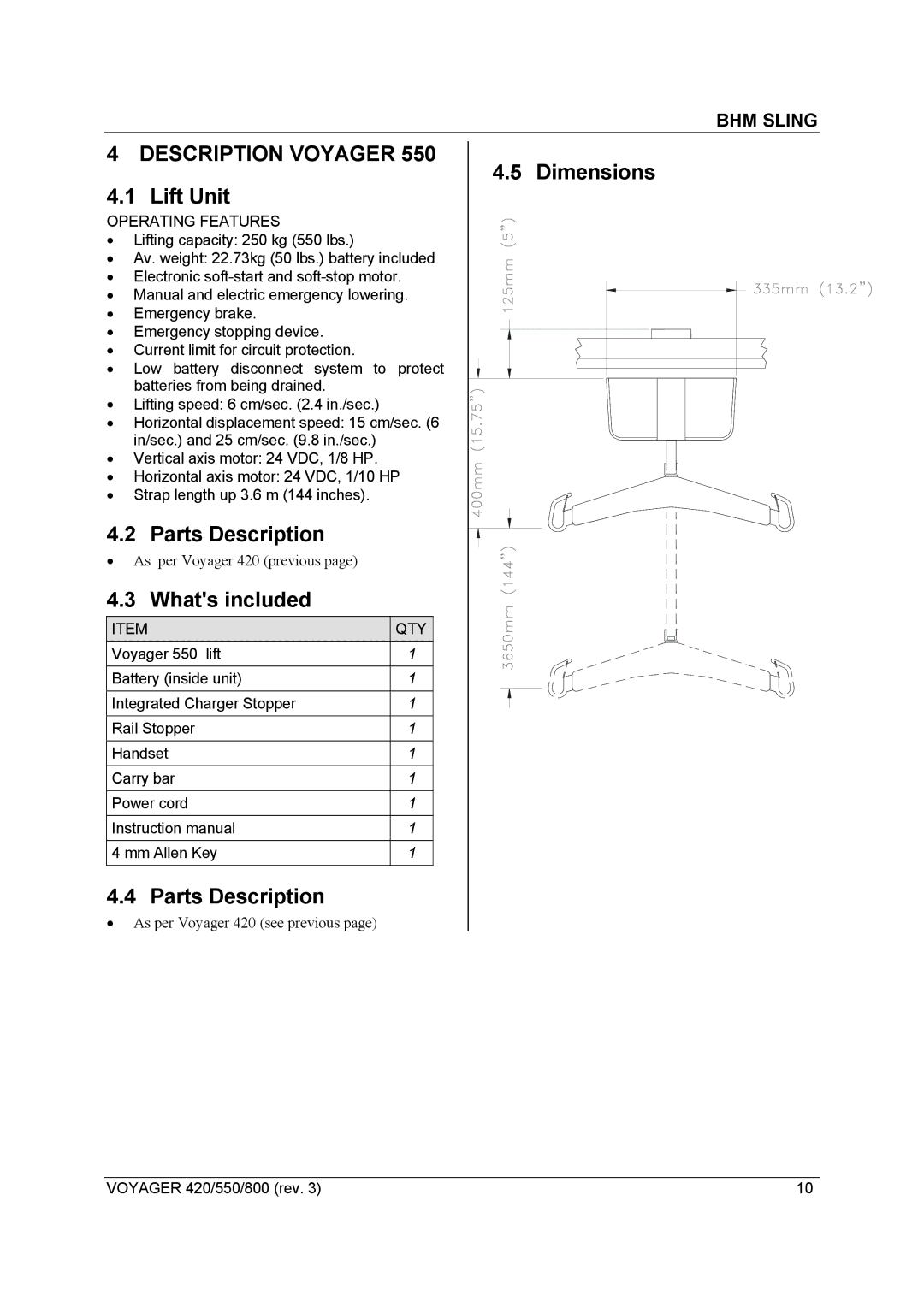 Sunrise Medical Series 550, Series 800, Series 420 user manual BHM Sling 