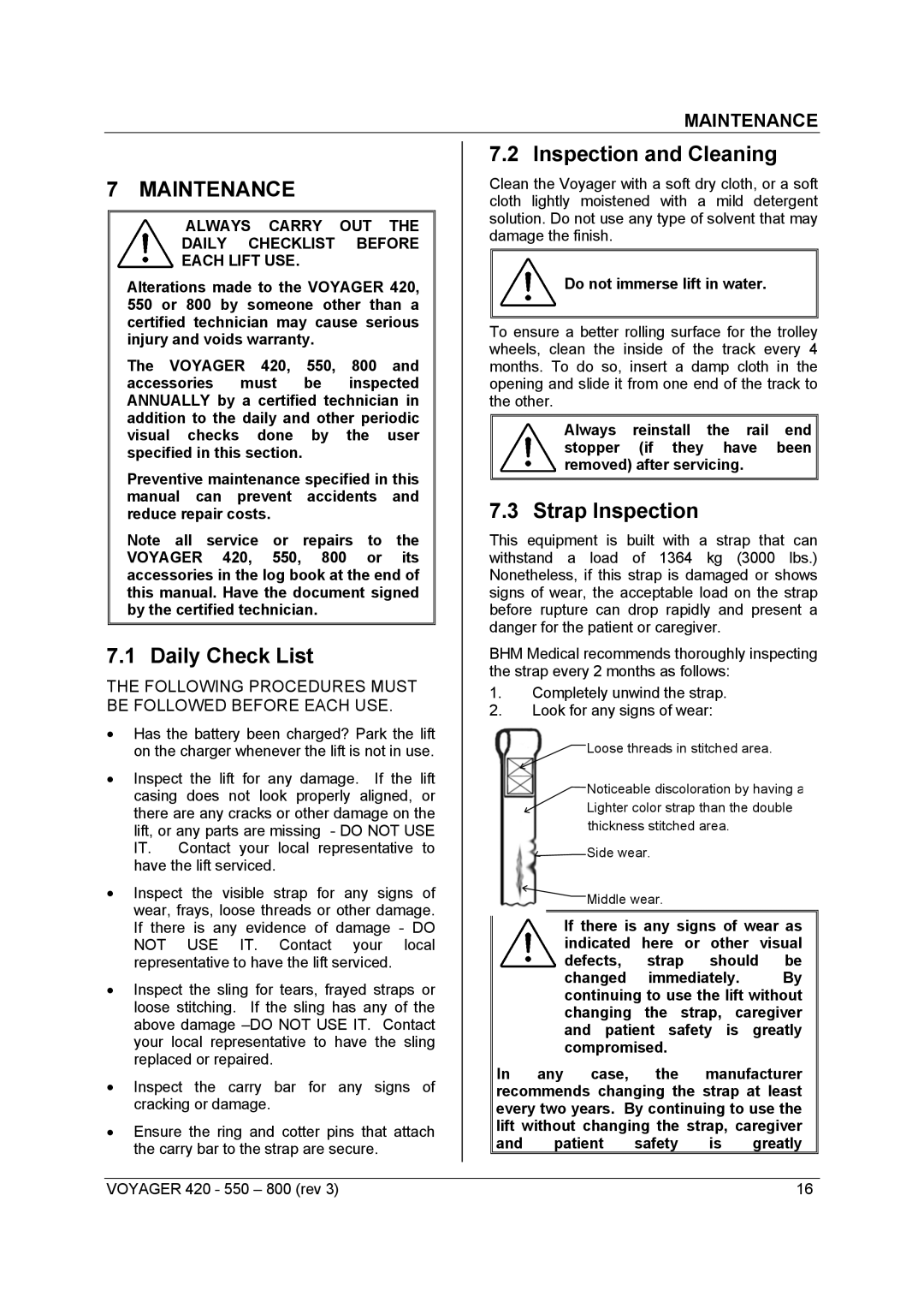 Sunrise Medical Series 550, Series 800, Series 420 Maintenance, Daily Check List, Inspection and Cleaning, Strap Inspection 