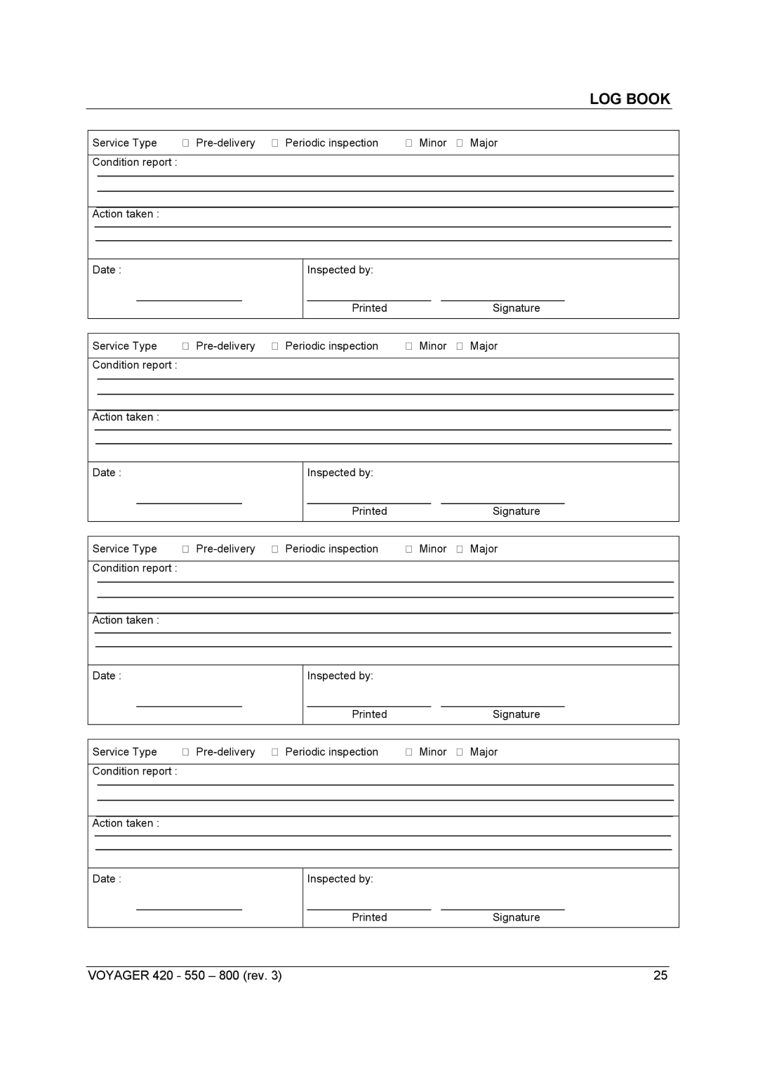 Sunrise Medical Series 550, Series 800, Series 420 user manual LOG Book 