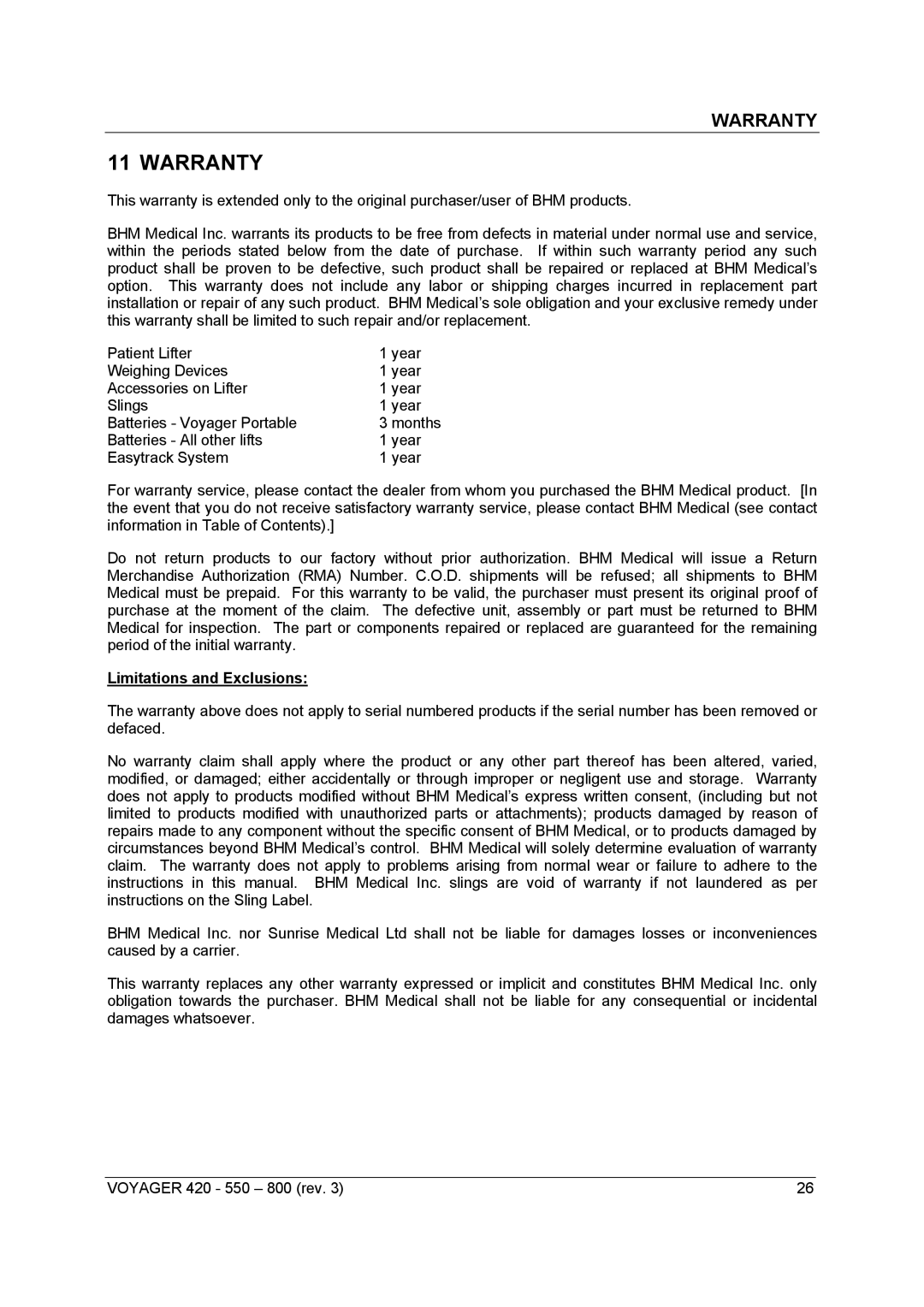 Sunrise Medical Series 420, Series 800, Series 550 user manual Warranty, Limitations and Exclusions 