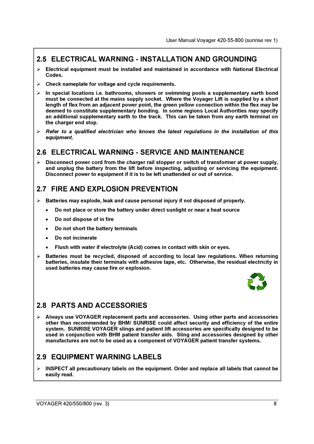 Sunrise Medical Series 420 Electrical Warning Installation and Grounding, Electrical Warning Service and Maintenance 