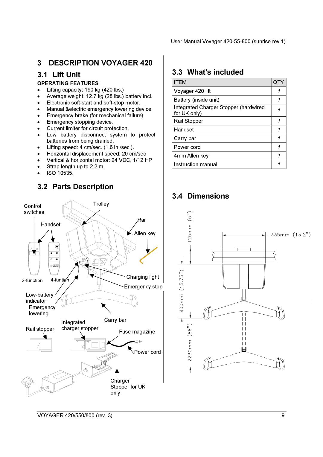 Sunrise Medical Series 800, Series 550 Description Voyager, Lift Unit, Parts Description, Whats included, Dimensions 