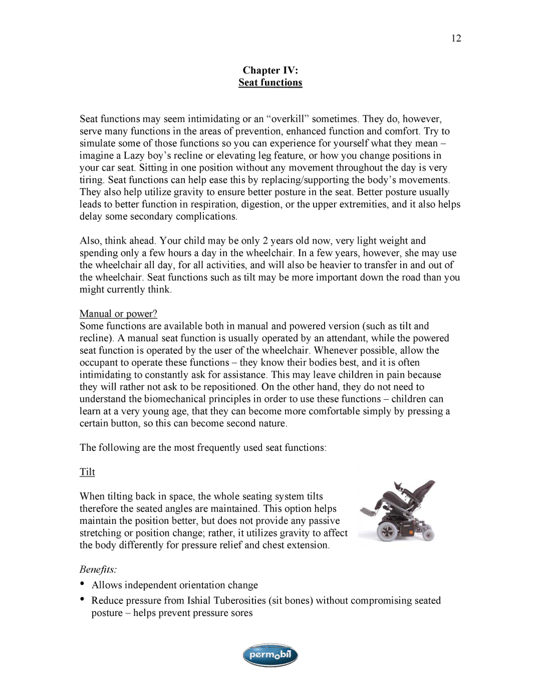 Sunrise Medical SMA manual Chapter Seat functions, Benefits 