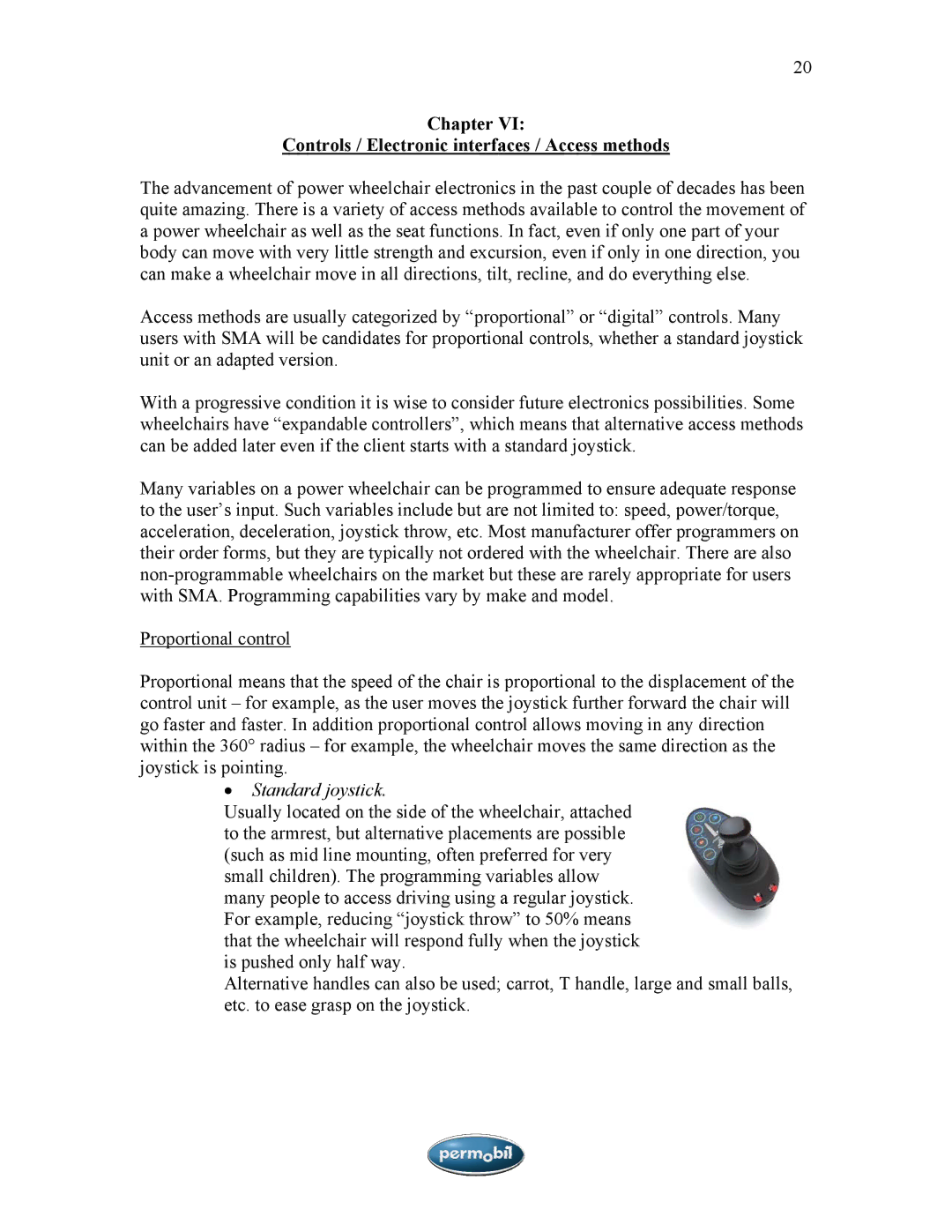 Sunrise Medical SMA manual Chapter Controls / Electronic interfaces / Access methods, Standard joystick 