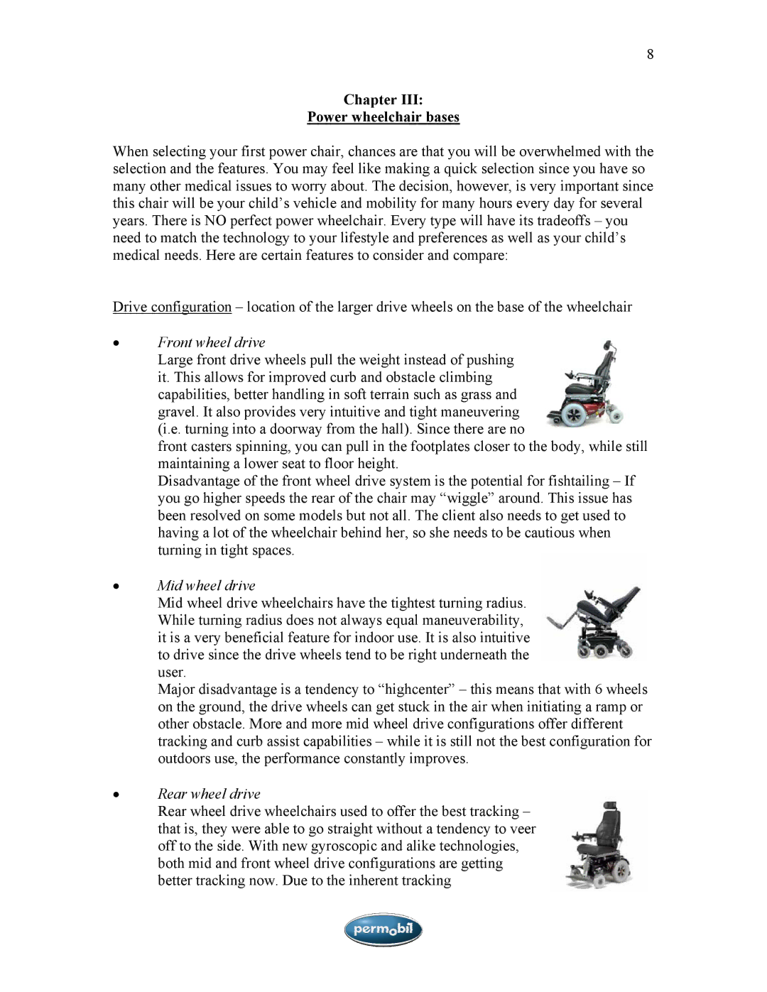 Sunrise Medical SMA manual Chapter Power wheelchair bases, Front wheel drive, Mid wheel drive, Rear wheel drive 