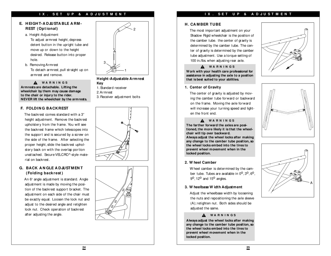 Sunrise Medical ST/DT instruction manual Folding Backrest, Camber Tube 