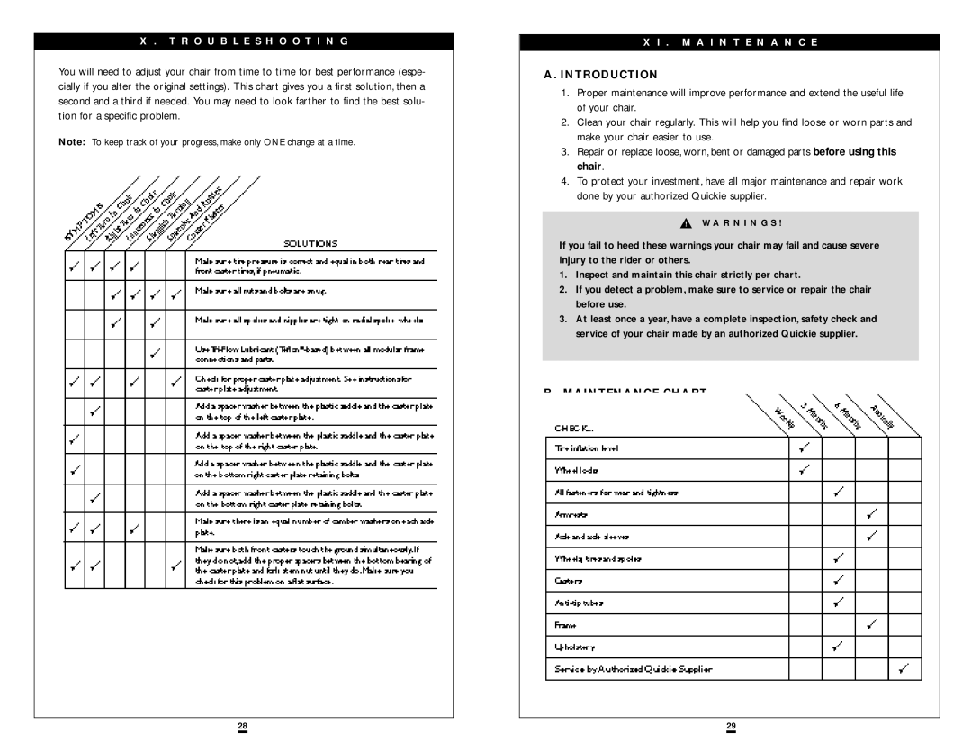 Sunrise Medical ST/DT instruction manual Introduction, Maintenance Chart 