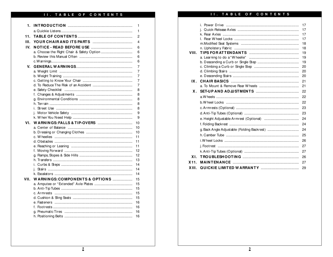 Sunrise Medical ST/DT instruction manual VII. Warnings Components & Options, X11, Xiii 