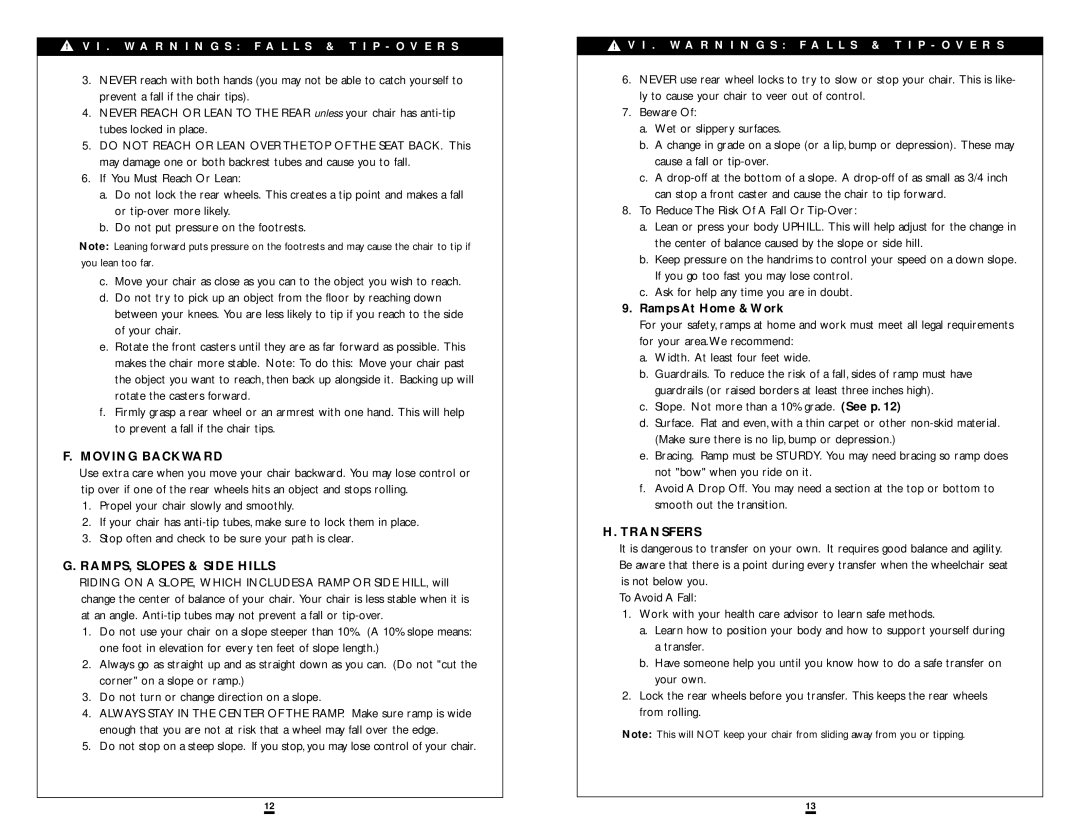 Sunrise Medical ST/DT instruction manual Moving Backward, RAMPS, Slopes & Side Hills, Ramps At Home & Work, Transfers 