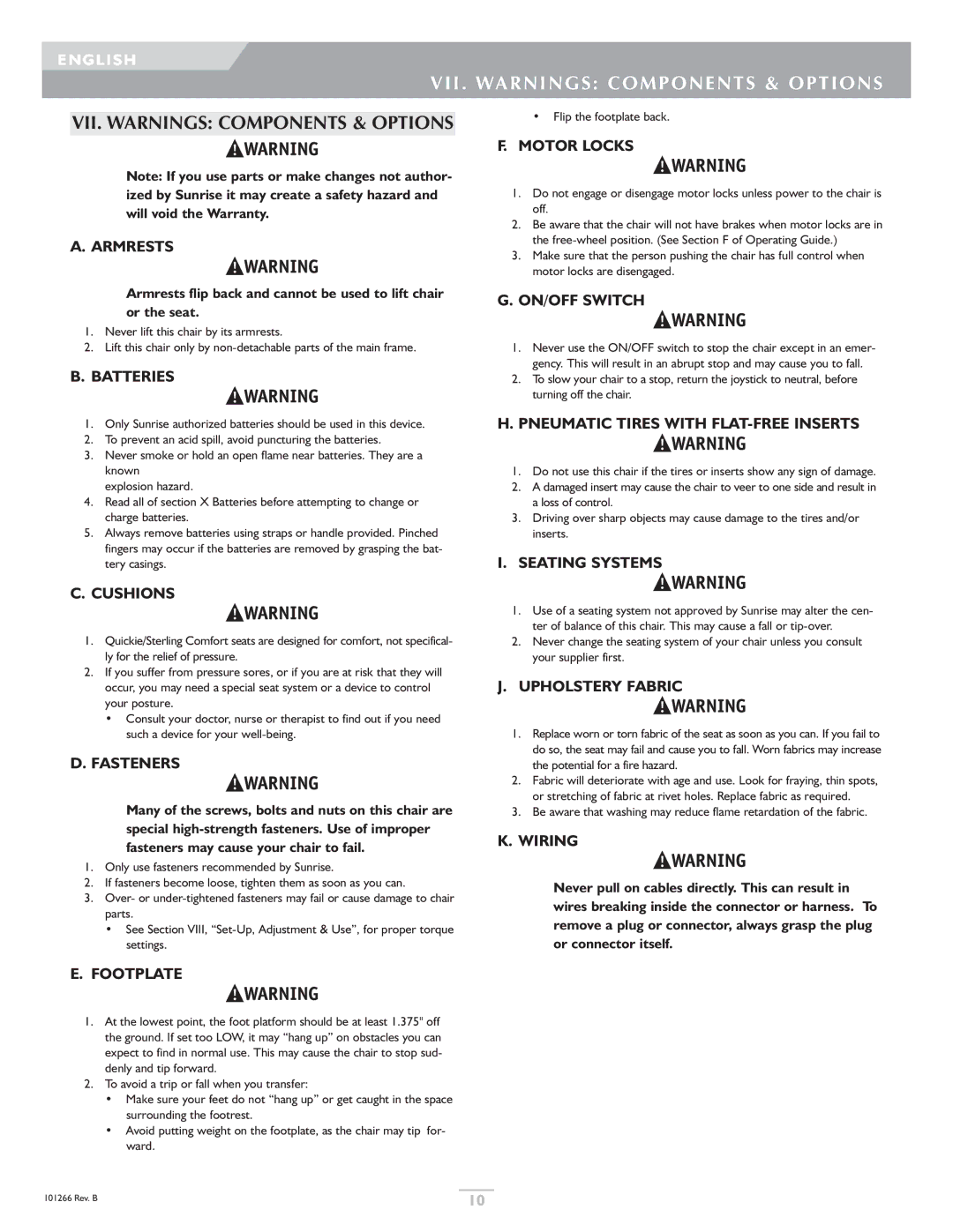 Sunrise Medical Sterling, Quickie owner manual VII. Warnings Components & Options 