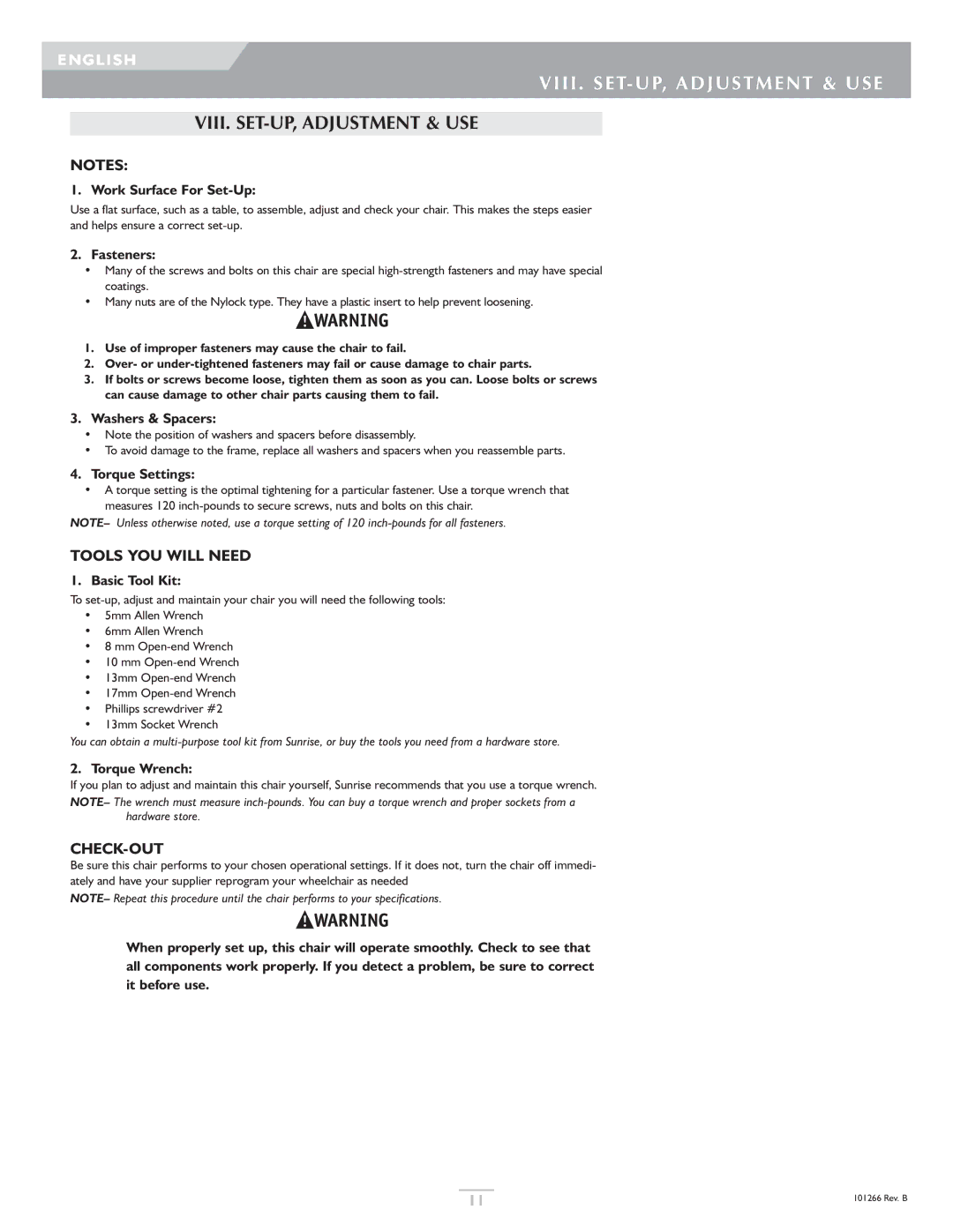 Sunrise Medical Quickie, Sterling owner manual VIII. SET-UP, Adjustment & USE, Tools YOU will Need, Check-Out 