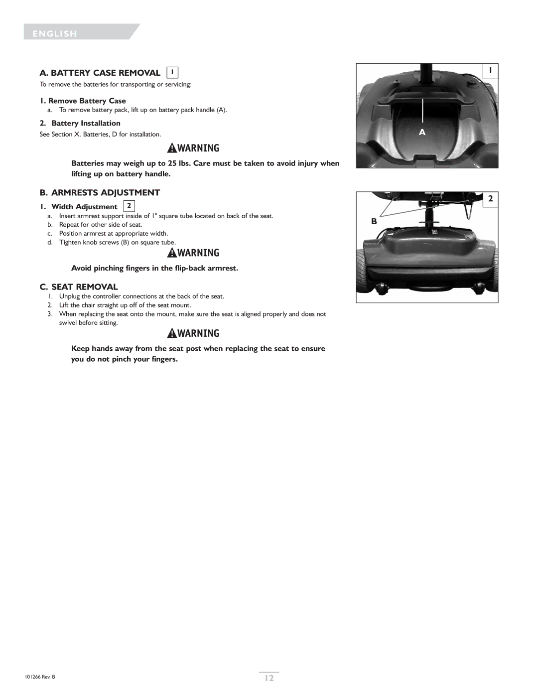 Sunrise Medical Sterling, Quickie owner manual Battery Case Removal, Armrests Adjustment, Seat Removal 