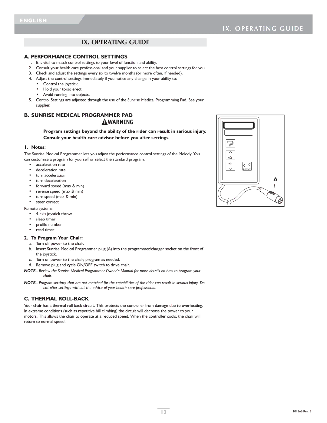 Sunrise Medical Quickie, Sterling IX. Operating Guide, Performance Control Settings, Sunrise Medical Programmer PAD 