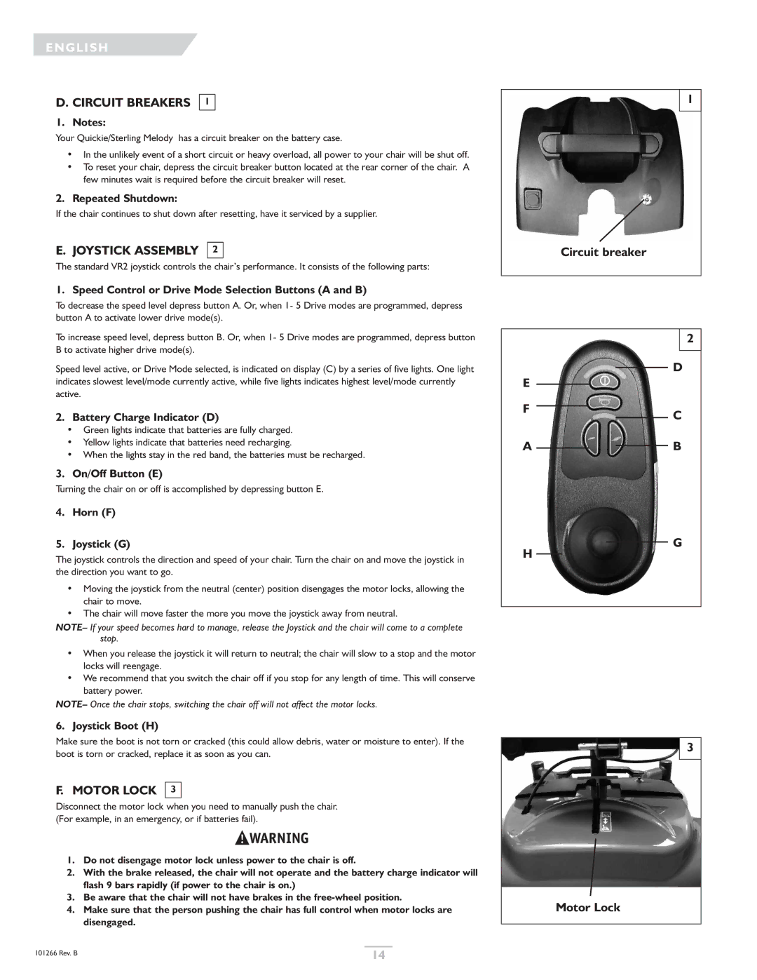 Sunrise Medical Sterling, Quickie owner manual Circuit Breakers, Joystick Assembly, Motor Lock 