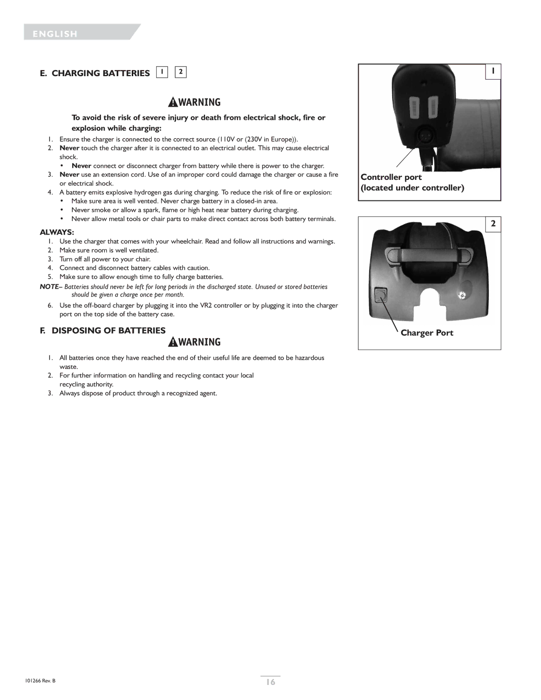 Sunrise Medical Sterling, Quickie owner manual Charging Batteries 1, Disposing of Batteries 