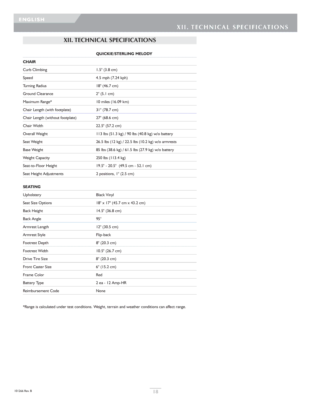 Sunrise Medical Sterling, Quickie owner manual XII. Technical Specifications 