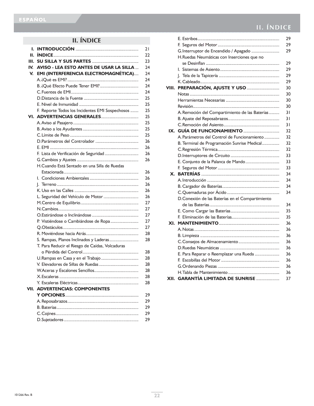 Sunrise Medical Sterling, Quickie owner manual II. Índice 