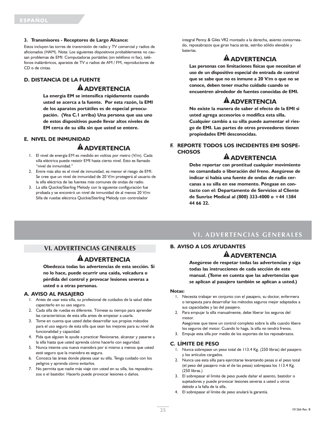 Sunrise Medical Quickie, Sterling owner manual VI. Advertencias Generales 