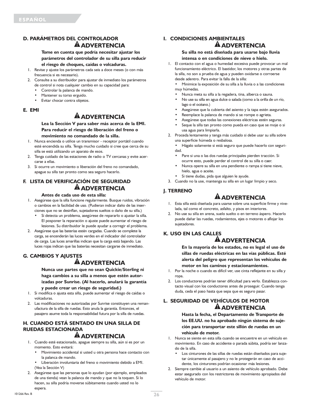 Sunrise Medical Sterling Parámetros DEL Controlador, Lista DE Verificación DE Seguridad, Cambios Y Ajustes, Terreno 