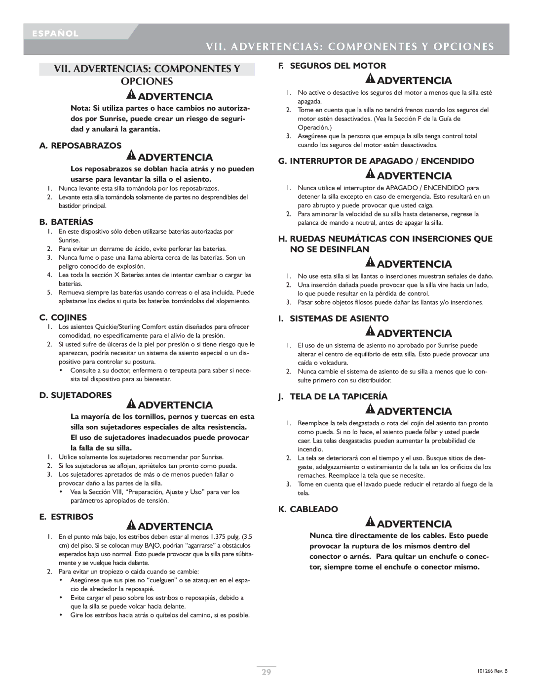 Sunrise Medical Quickie, Sterling owner manual VII. Advertencias Componentes Y Opciones 