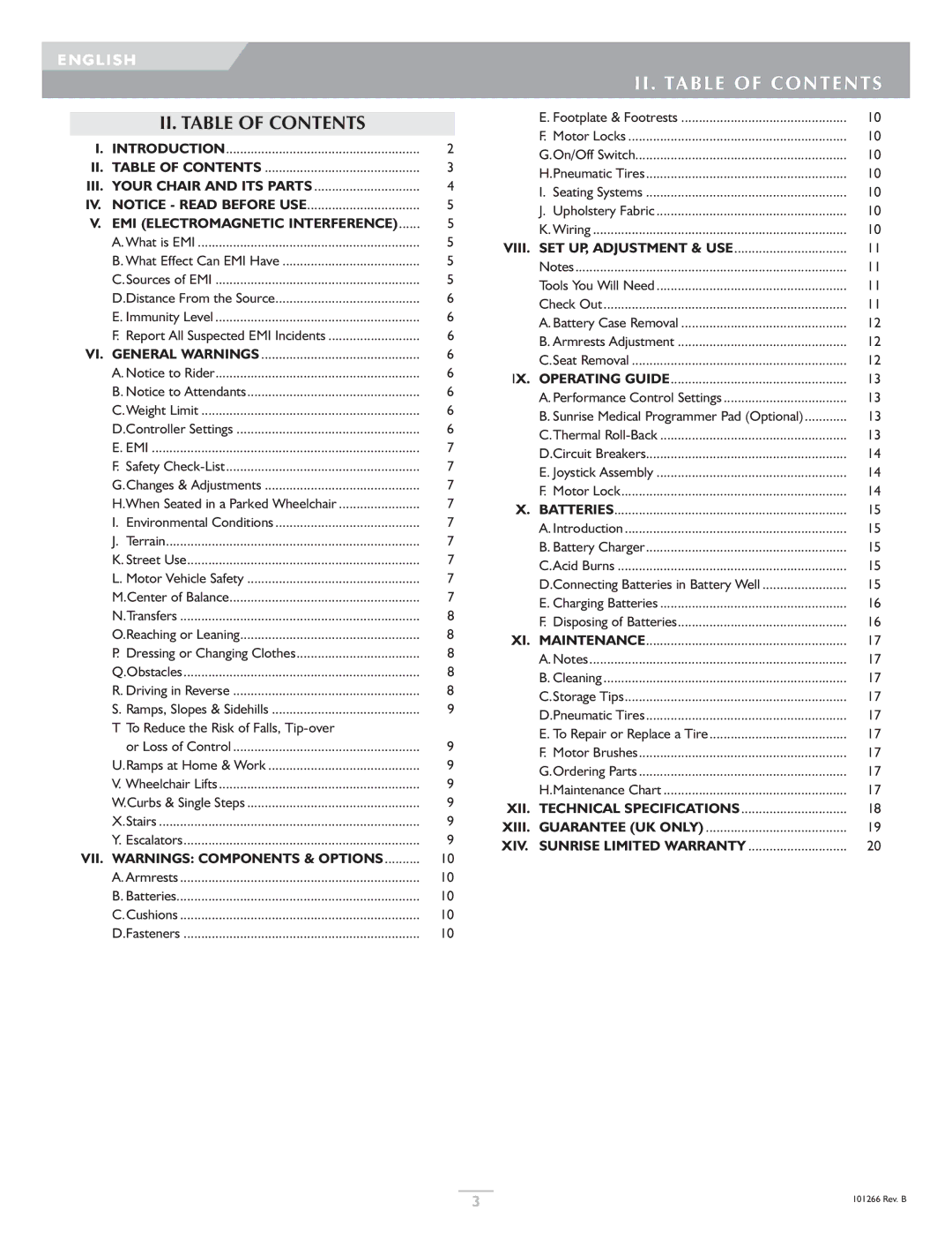 Sunrise Medical Quickie, Sterling owner manual II. Table of Contents 