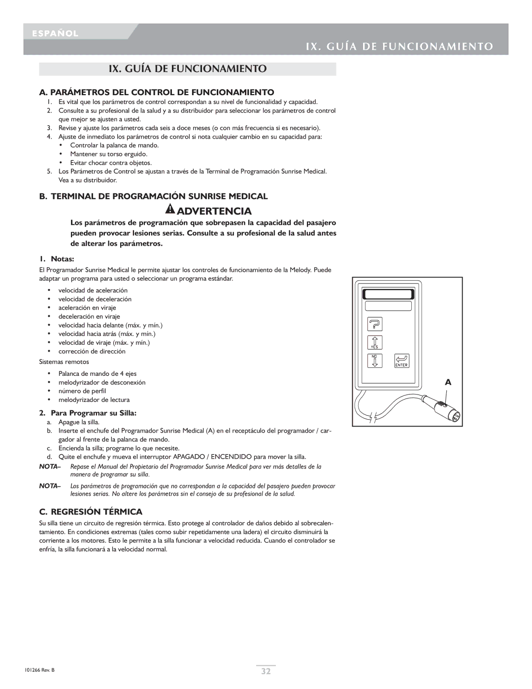 Sunrise Medical Sterling, Quickie IX. Guía DE Funcionamiento, Parámetros DEL Control DE Funcionamiento, Regresión Térmica 