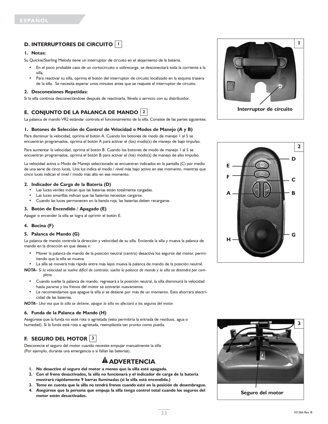 Sunrise Medical Quickie, Sterling owner manual Interruptores DE Circuito, Conjunto DE LA Palanca DE Mando, Seguro DEL Motor 