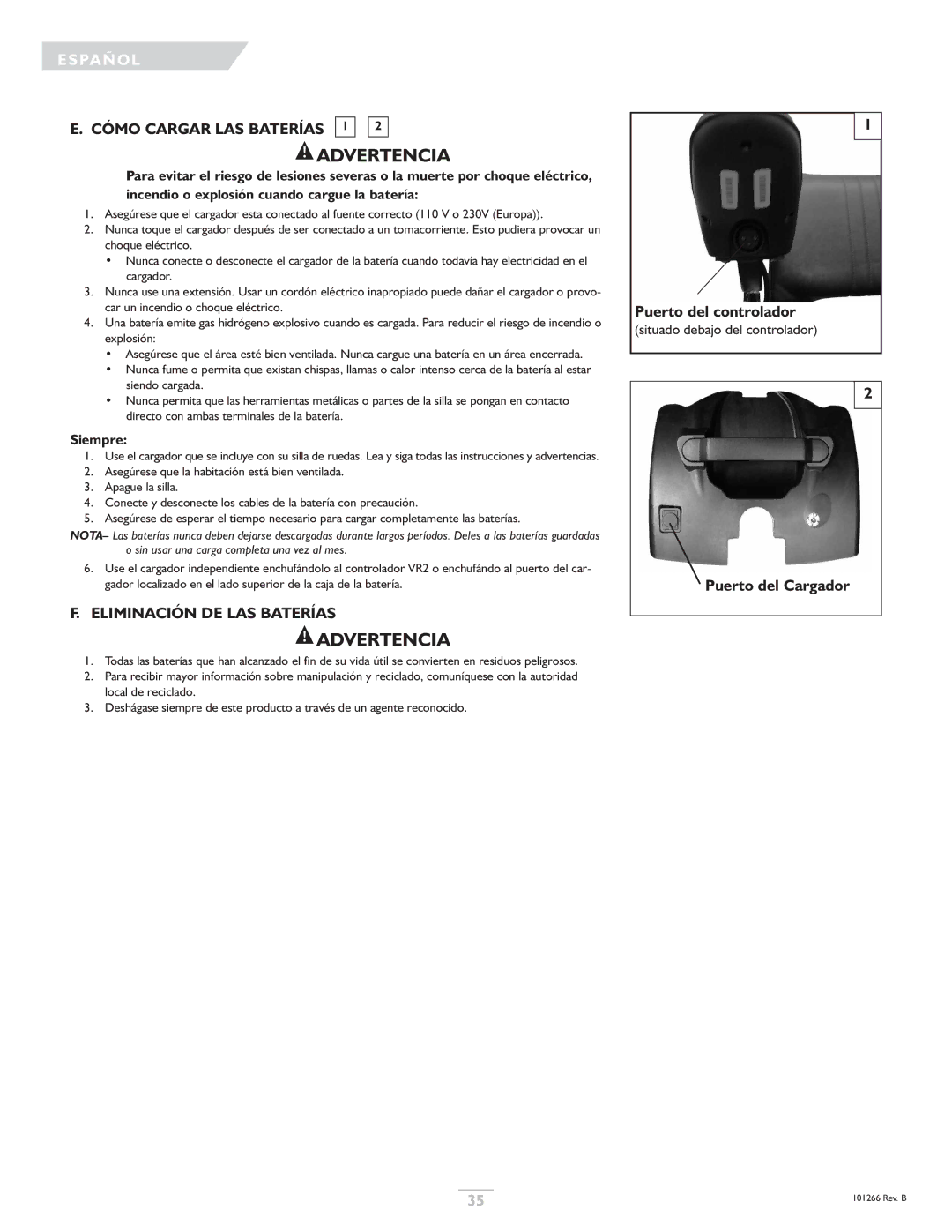 Sunrise Medical Quickie, Sterling owner manual Cómo Cargar LAS Baterías 1, Eliminación DE LAS Baterías, Siempre 