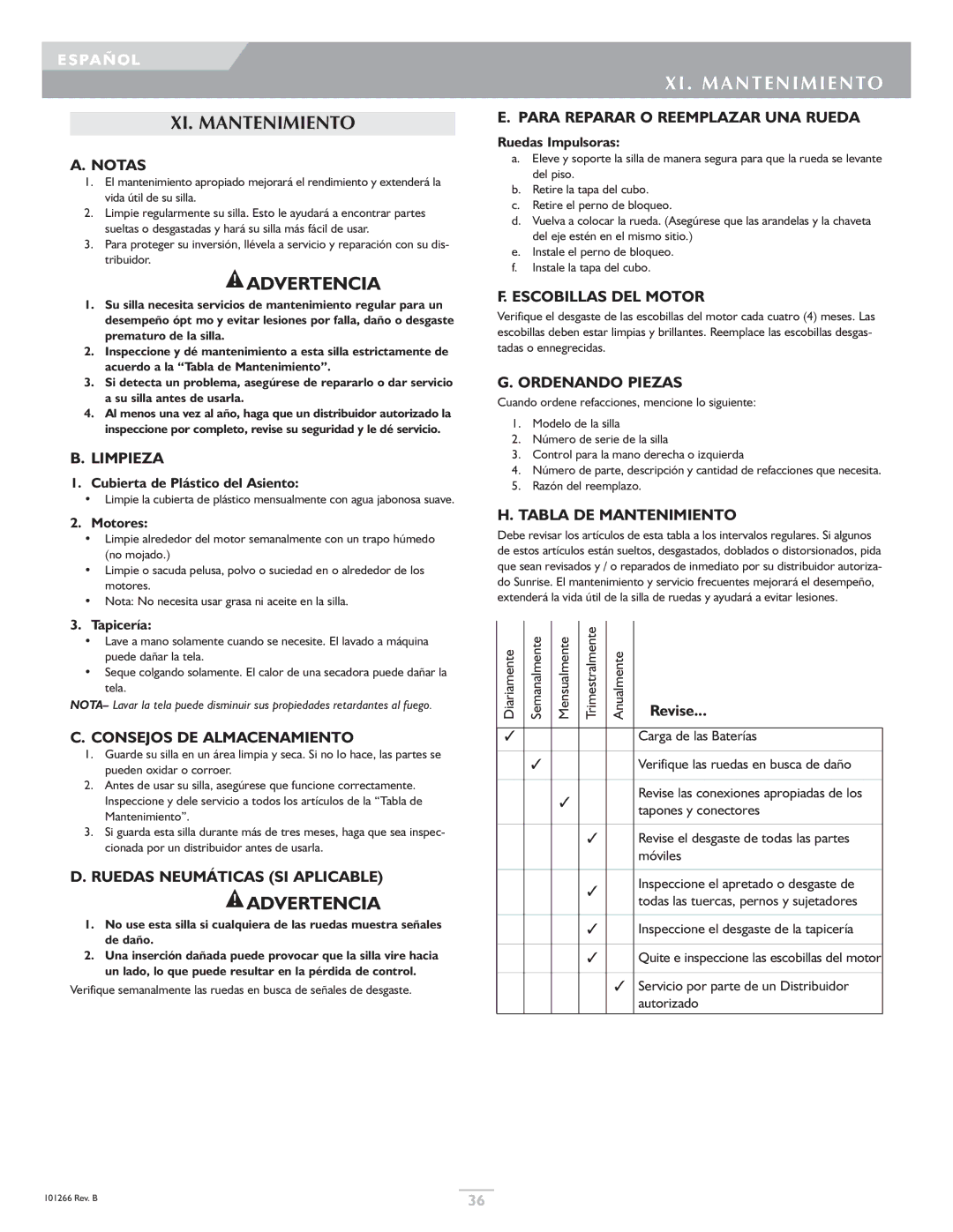 Sunrise Medical Sterling, Quickie owner manual XI. Mantenimiento 