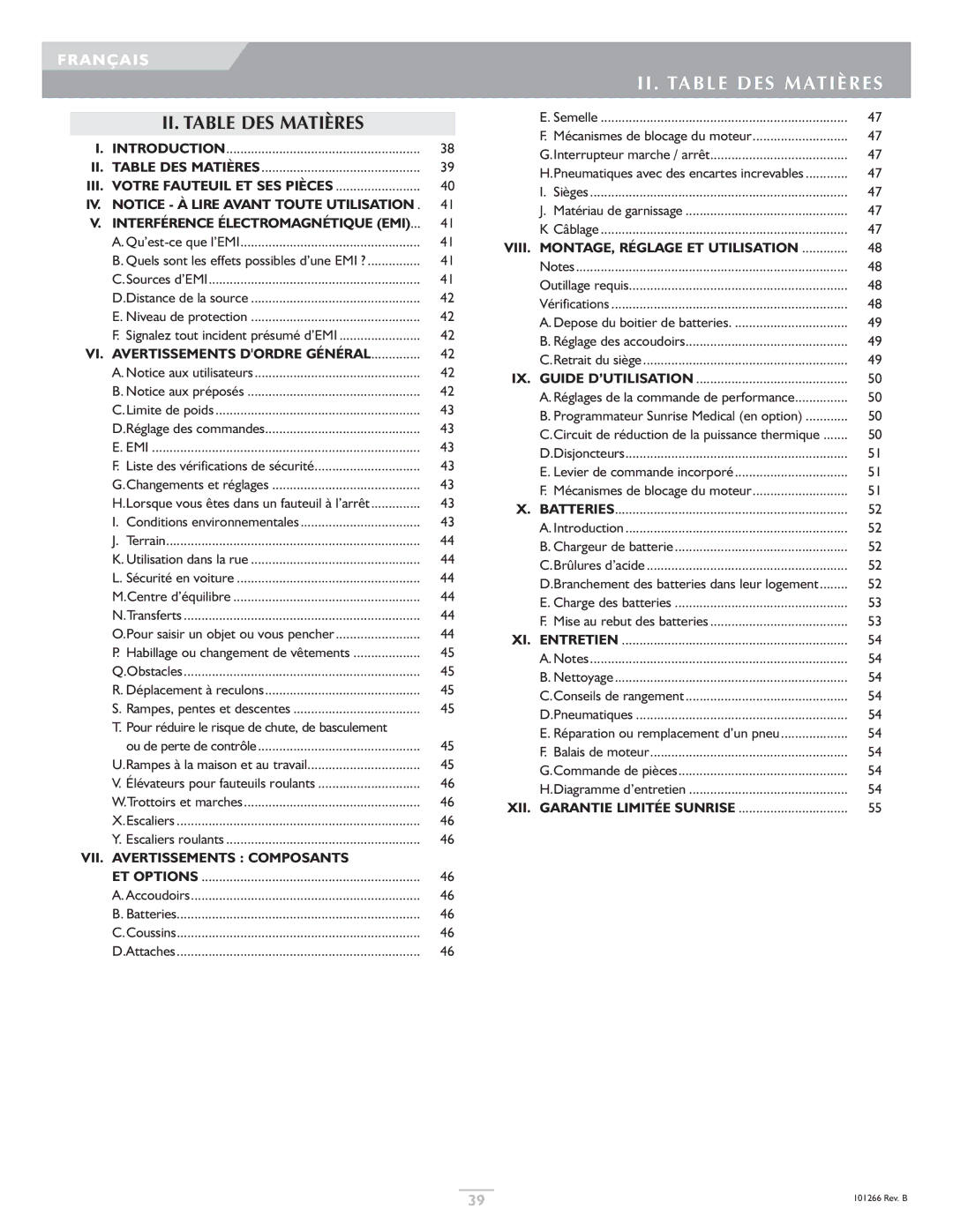 Sunrise Medical Quickie, Sterling owner manual II. Table DES Matières 