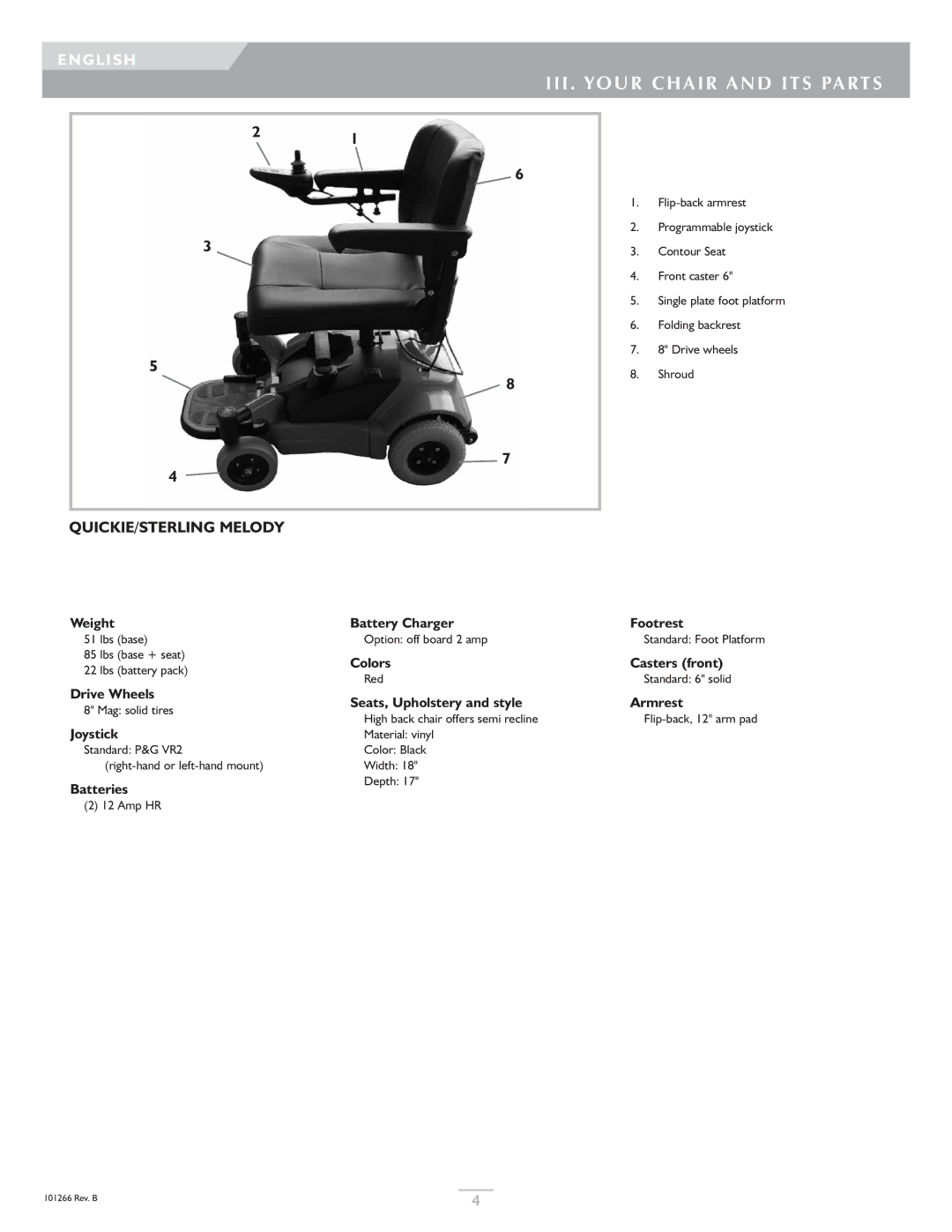 Sunrise Medical Sterling, Quickie owner manual III. Your Chair and ITS Parts, QUICKIE/STERLING Melody 