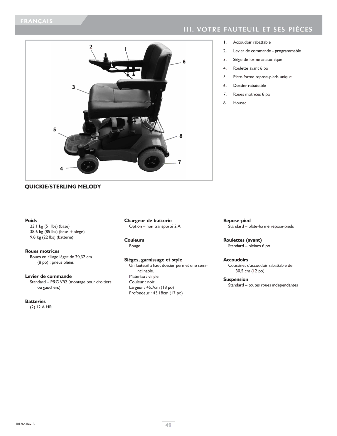 Sunrise Medical Sterling, Quickie owner manual III. Votre Fauteuil ET SES Pièces 