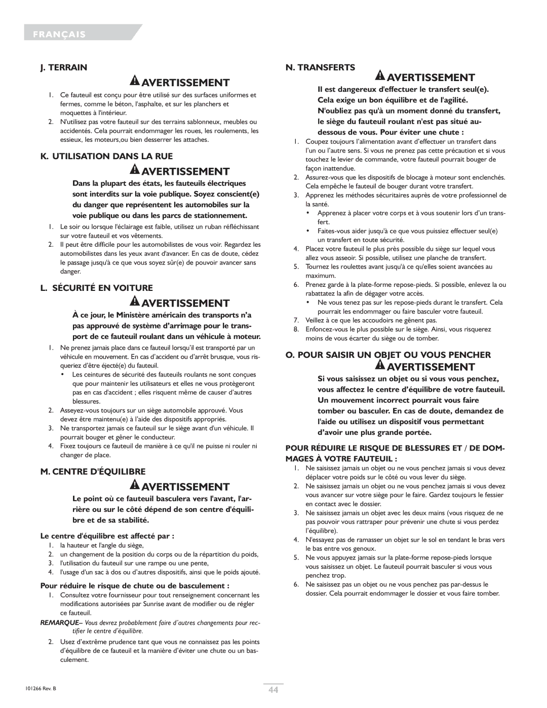 Sunrise Medical Sterling, Quickie owner manual Utilisation Dans LA RUE, Sécurité EN Voiture, Centre Déquilibre, Transferts 