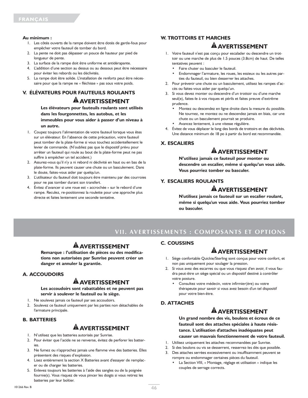 Sunrise Medical Sterling, Quickie owner manual VII. Avertissements Composants ET Options 